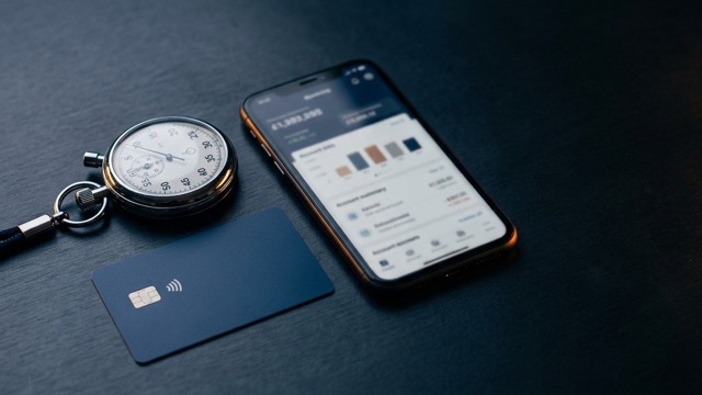 A stopwatch beside a bank card and a phone showing an account balance, representing fast UK casino withdrawal times