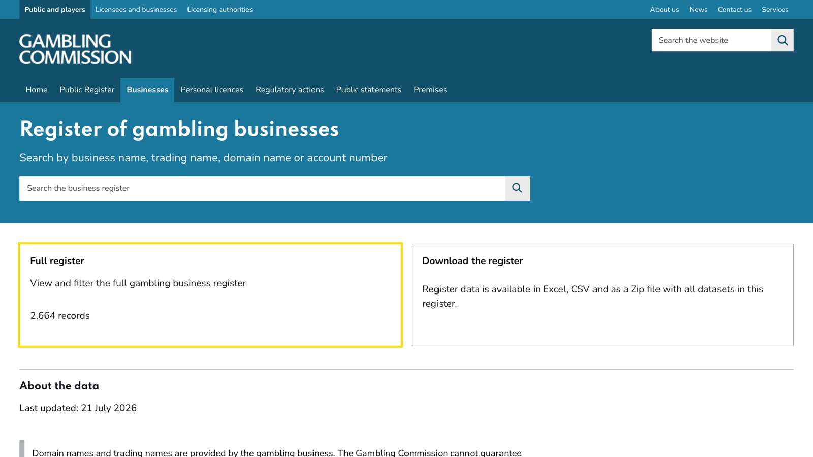 The UK Gambling Commission’s public register of gambling businesses, showing the search box for looking up a licensed company by business name, trading name, domain name or account number.
