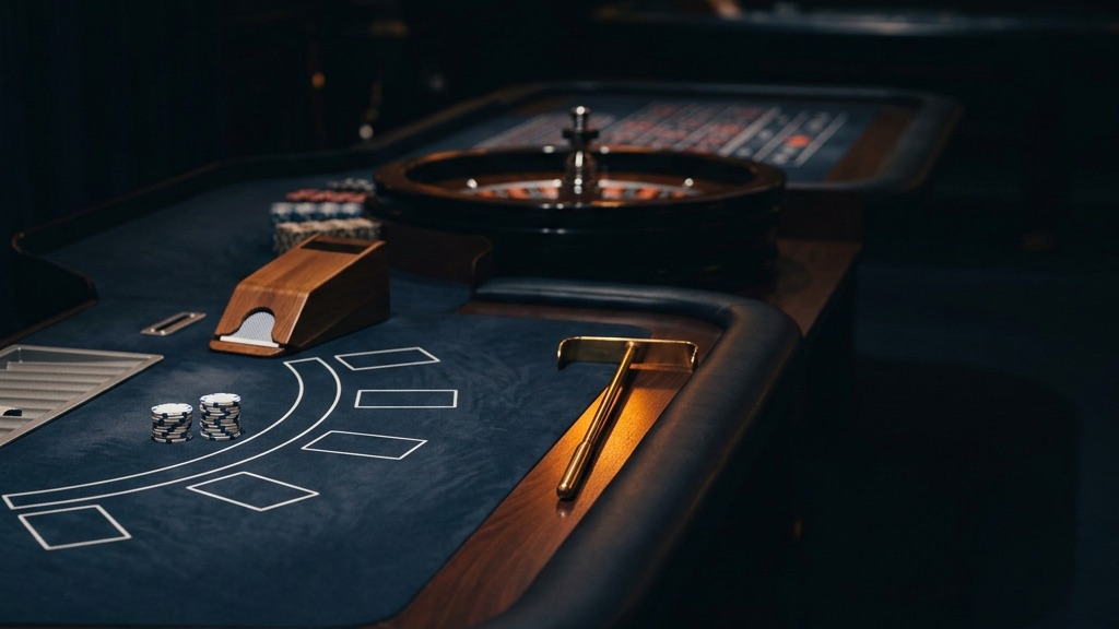 A live-casino table laid out for play with a roulette wheel in the background