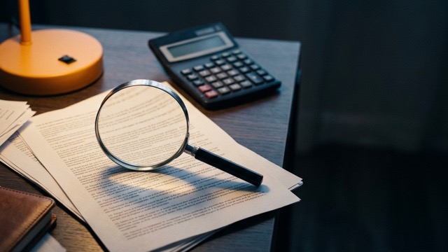 A magnifying glass and calculator over printed small print, examining the wagering terms on a casino welcome bonus
