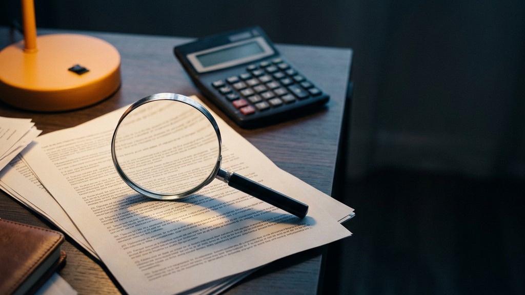 A magnifying glass and calculator over printed small print, examining the wagering terms on a casino welcome bonus
