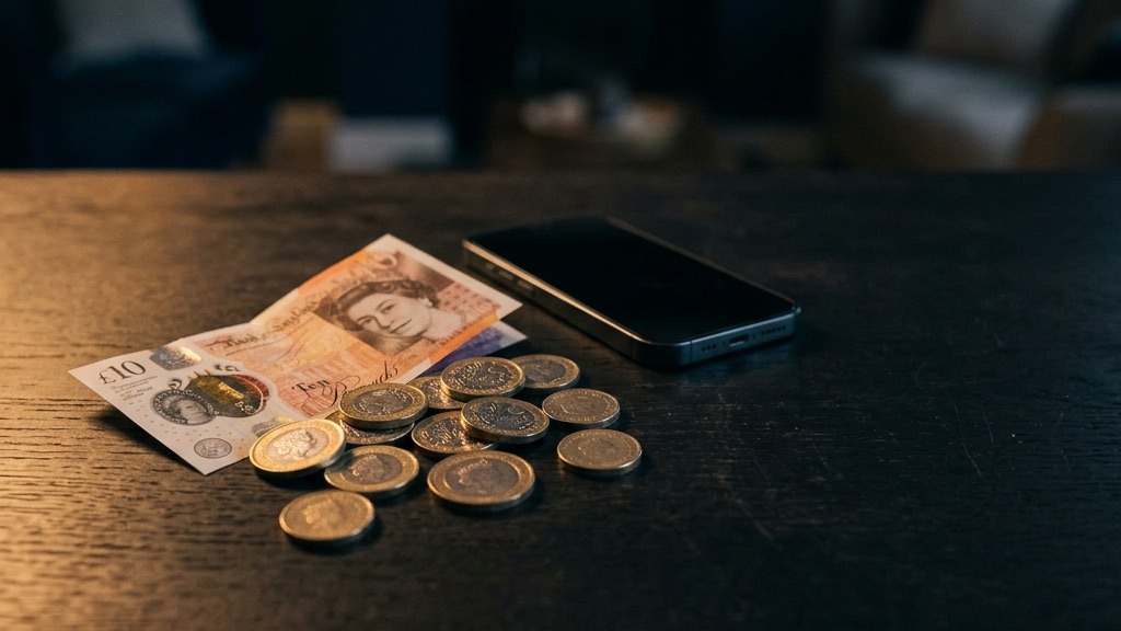A ten-pound note and coins beside a phone, representing wager-free spin winnings paid as withdrawable cash