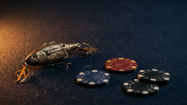 A metal fishing lure next to casino chips, illustrating the fishing-themed slots tied to UK welcome offers