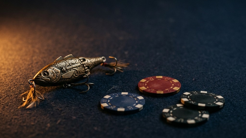 A metal fishing lure next to casino chips, illustrating the fishing-themed slots tied to UK welcome offers