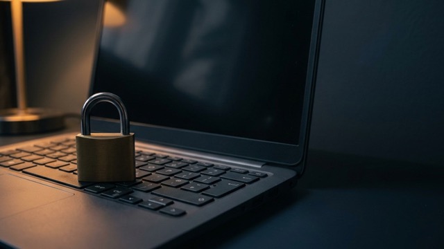 A closed brass padlock resting on a laptop keyboard, representing a casino locked out by a surrendered UK licence